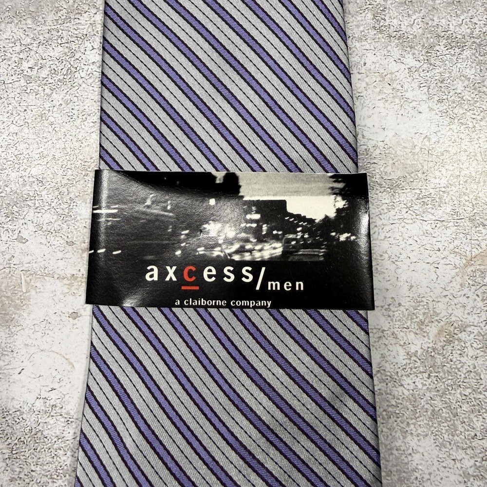 Axcess Tie Mens One Size Gray Purple Stripe‎ 100% Silk Woven Hand Made Necktie